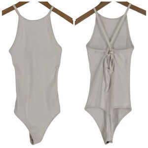 Abercrombie & Fitch Ribbed High Neck Tie Back Bodysuit in White | Small